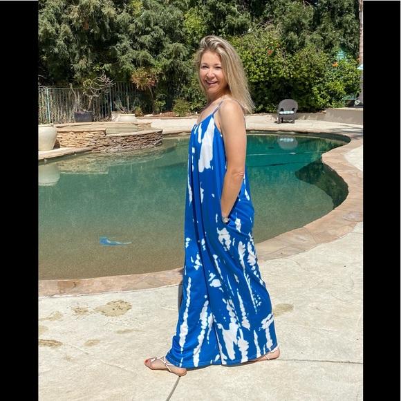 Overalls Jumpsuit Romper Oversized Tie Dye Boho Jumpsuit Bright Blue/White - Picture 8 of 17